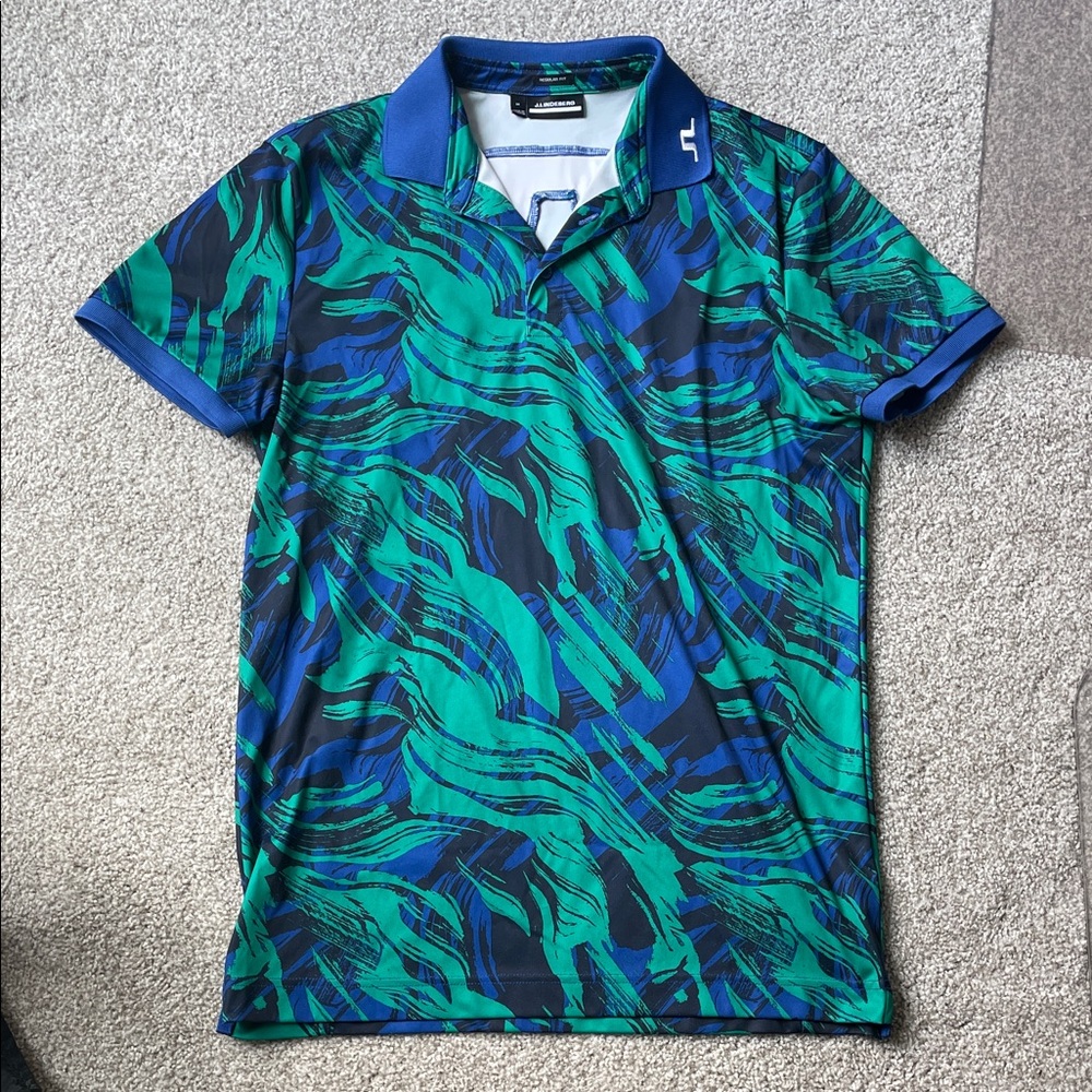 J. Lindeberg Blue and Green Patterned Golf Shirt
